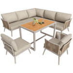 L-Shaped Garden Sofa Set with Coffee Table and Armchair, Seven-Seater Weatherproof Iron, Grey and Beige