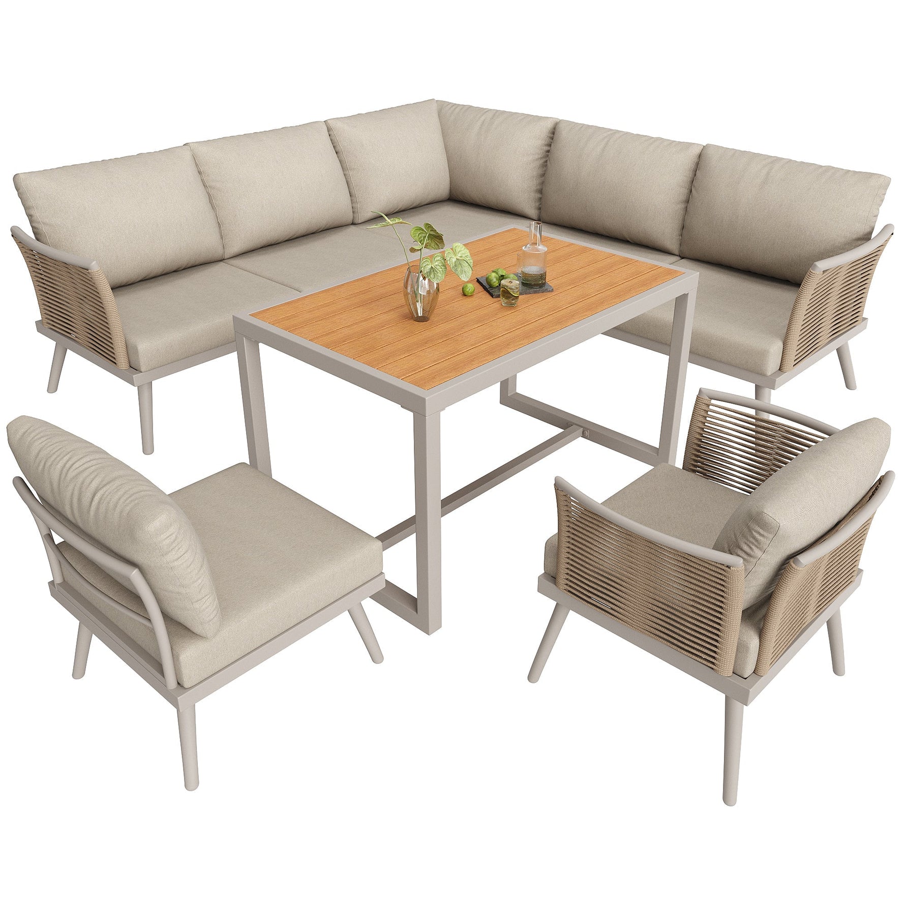 L-Shaped Garden Sofa Set with Coffee Table and Armchair, Seven-Seater Weatherproof Iron, Grey and Beige