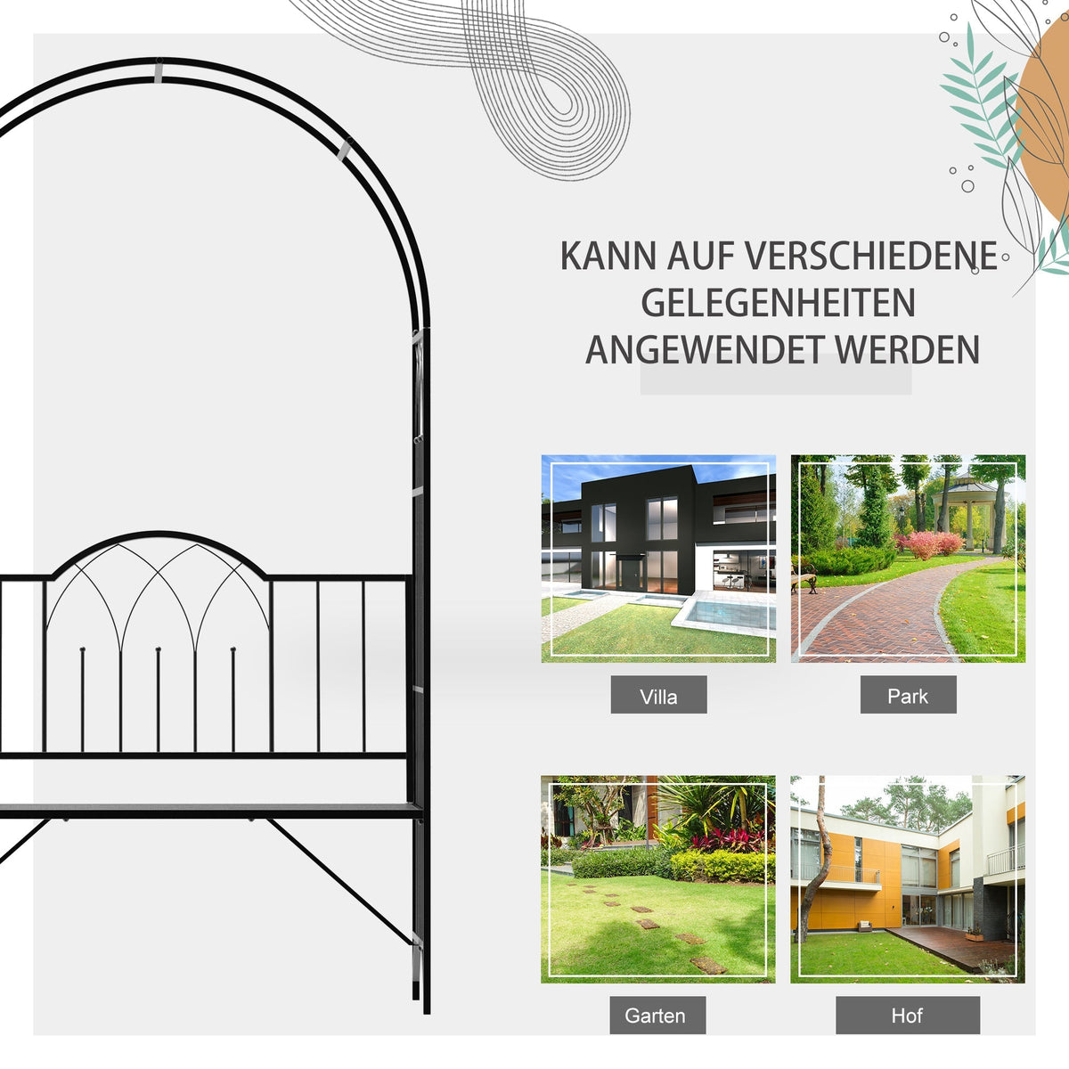 Rose Arch with Bench, Garden Trellis, Metal Black