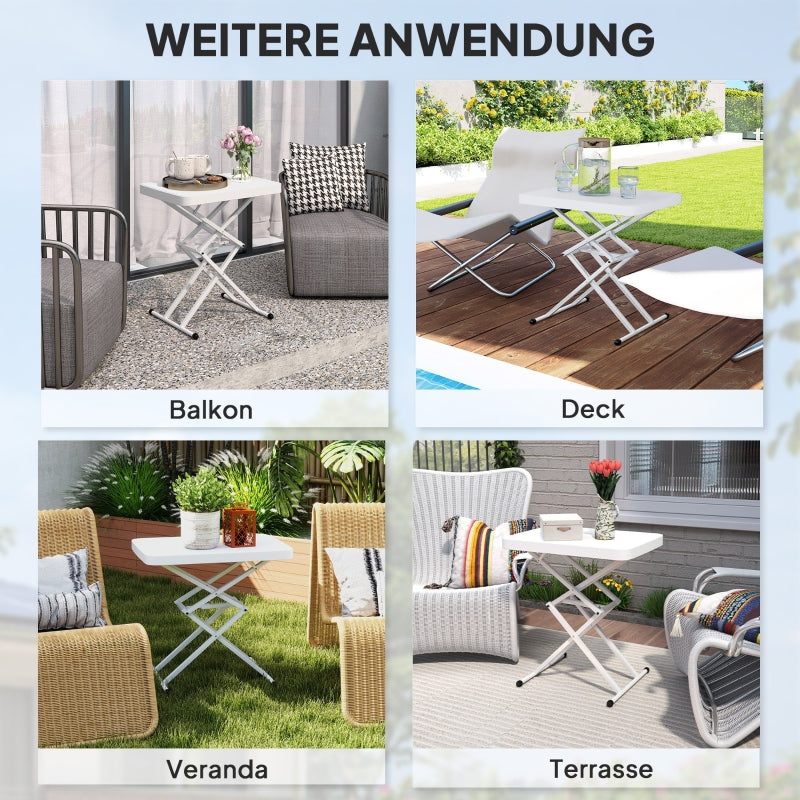 Side Table, Height Adjustable, Foldable, Outdoor Indoor, White Plastic