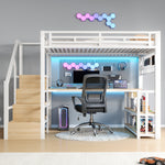 Loft Bed 140x200cm with Desk, Storage & LED, White Iron Frame
