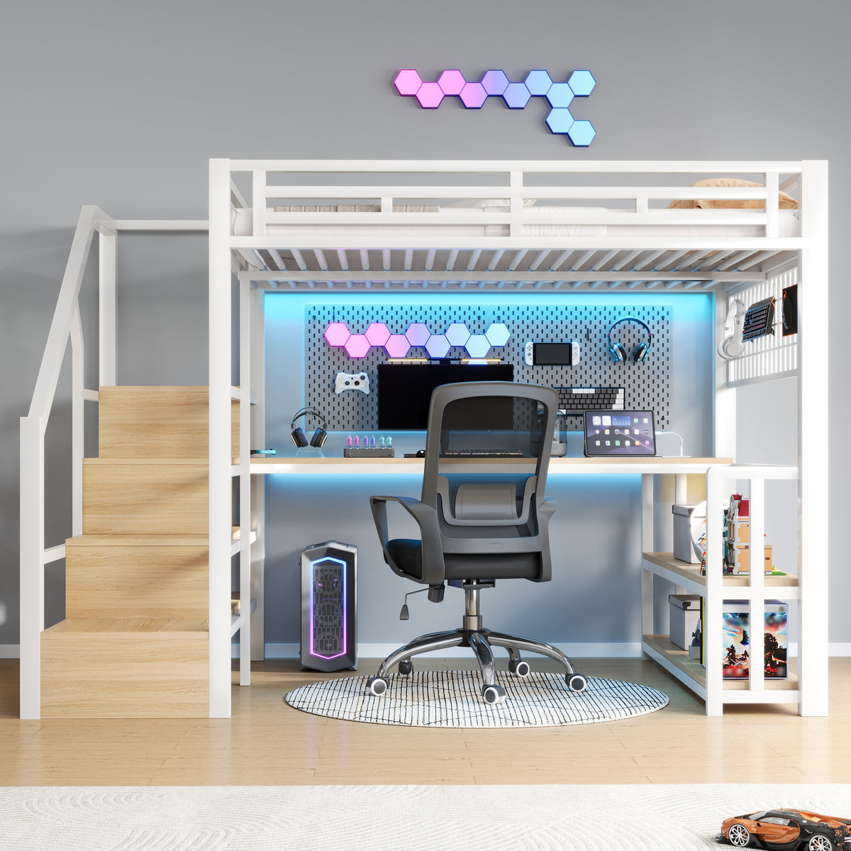 Loft Bed 140x200cm with Desk, Storage & LED, White Iron Frame