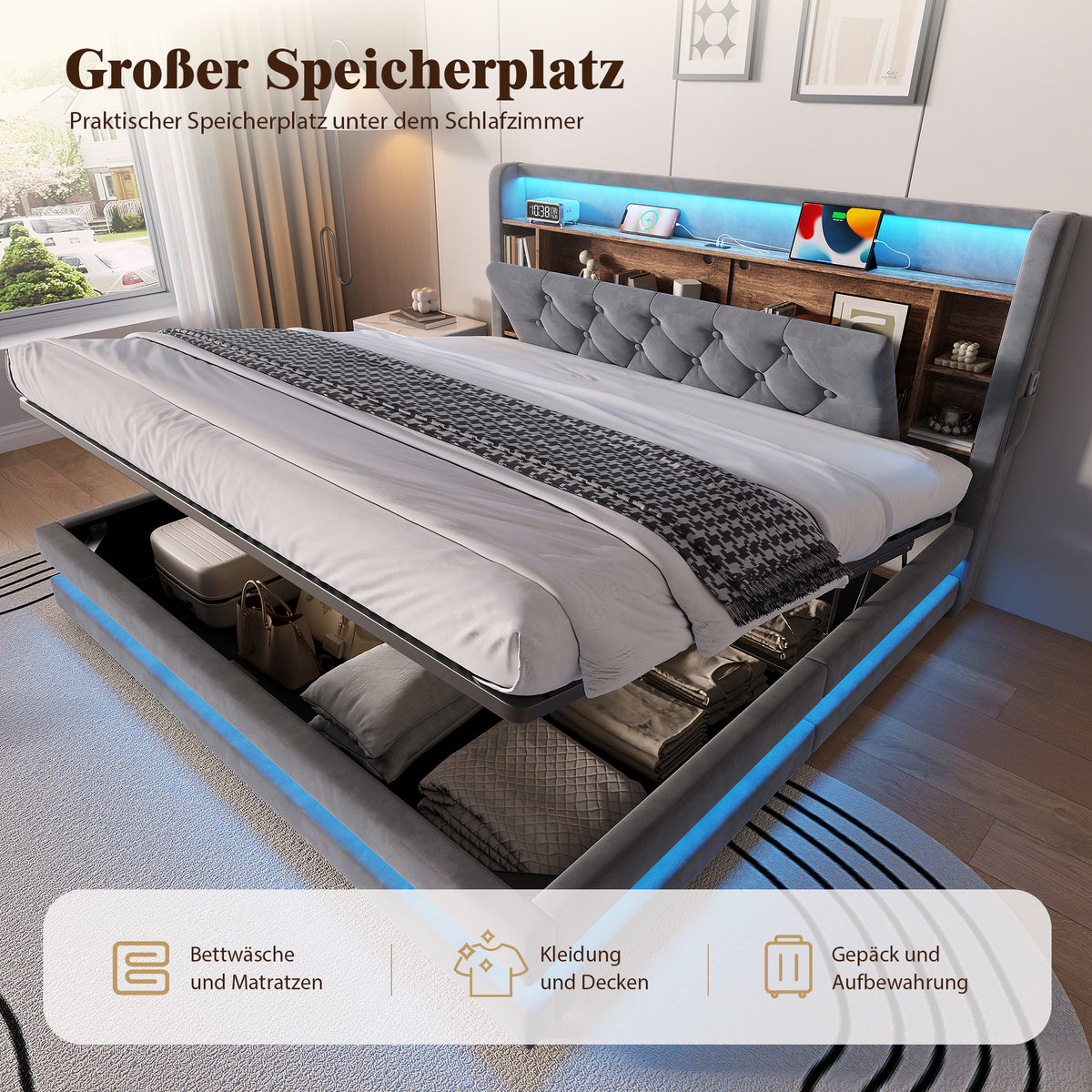 Upholstered Bed 160x200 with Storage & LED, Dark Gray Velvet