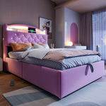 Children's Upholstered Bed, Multifunctional with Storage, LED, USB, Velvet Pink