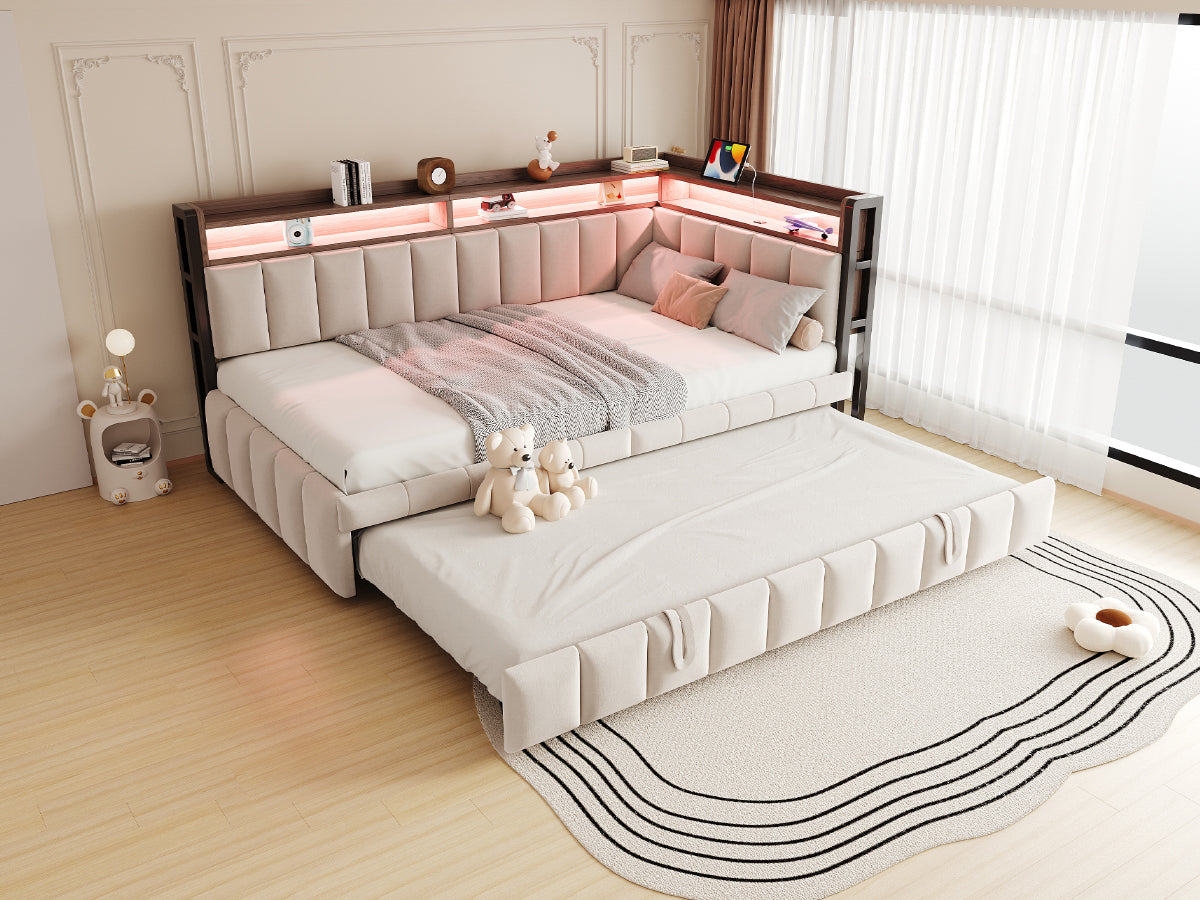Upholstered Sofa Bed 90x200cm with Trundle & LED, Beige Velvet