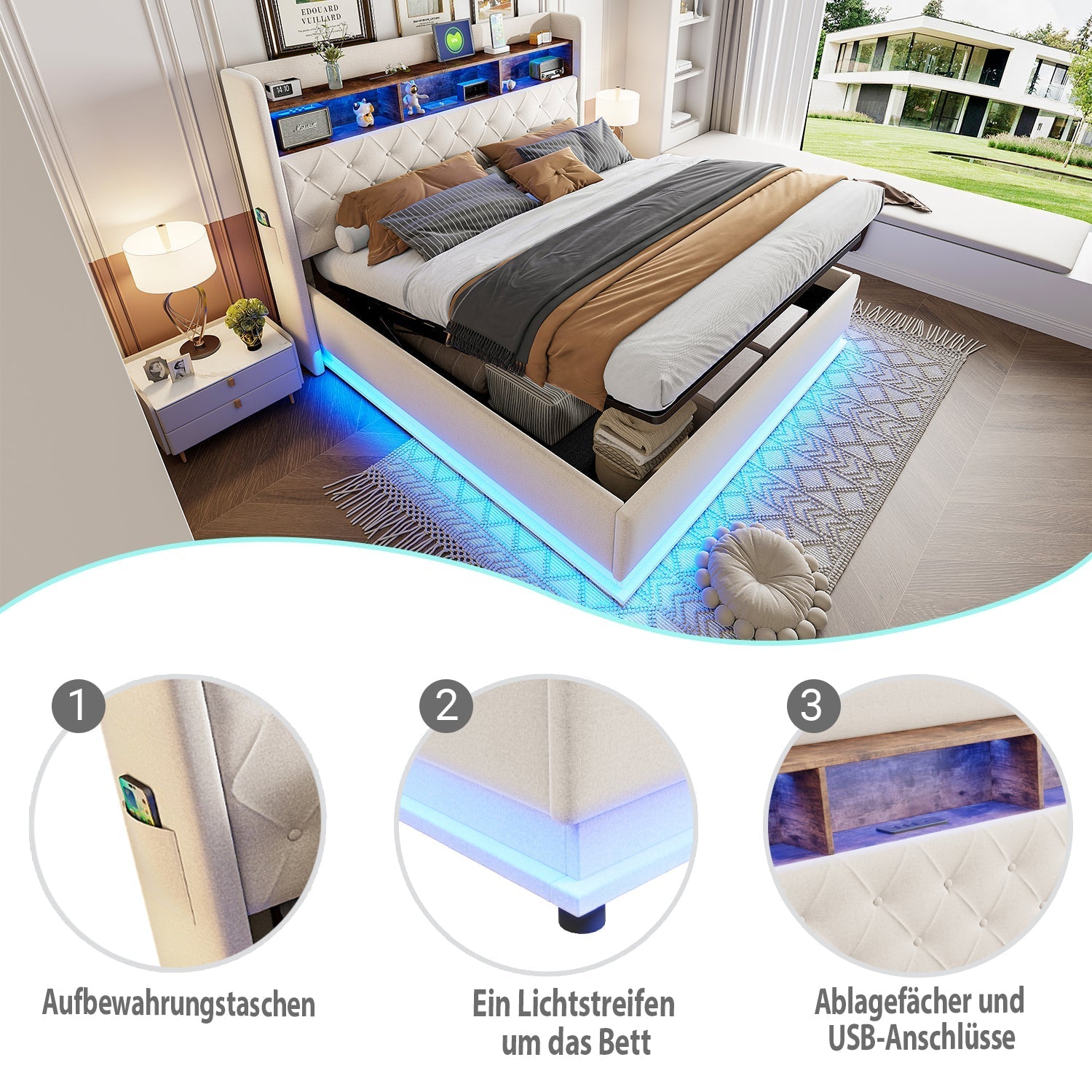 LED Upholstered Bed with USB & Hydraulic Storage, Linen Beige