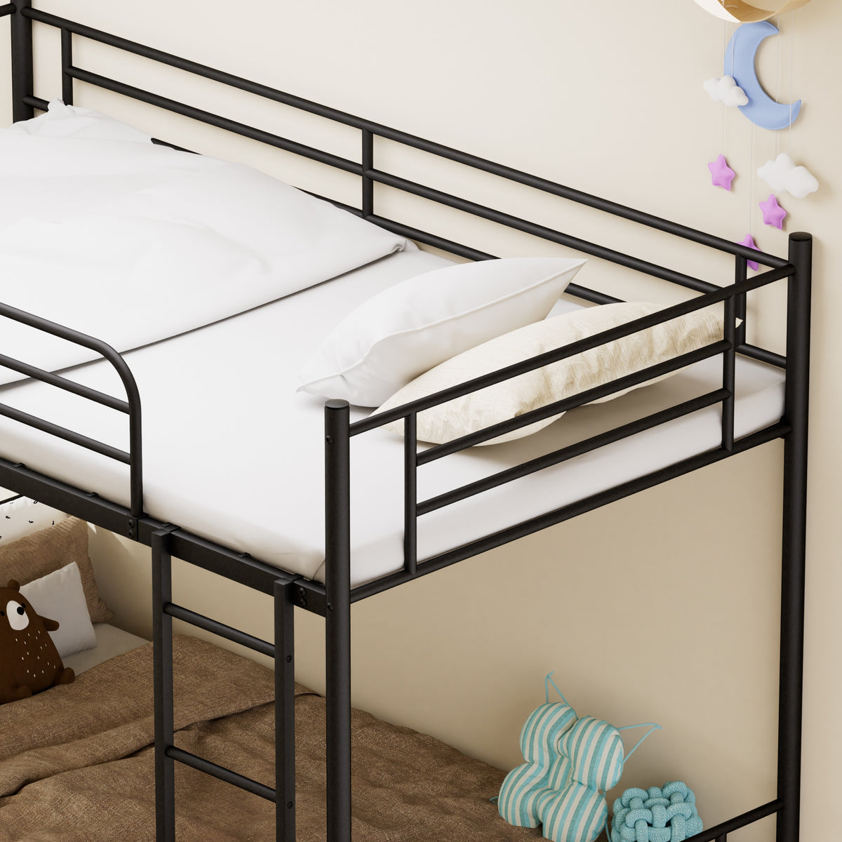 Bunk Bed 90x190cm Loft Bed with Ladder & Railing - Black Iron
