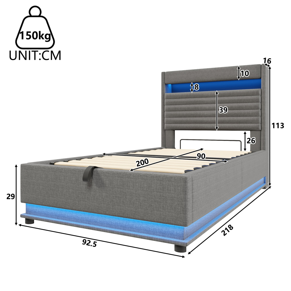 Upholstered Bed 90x200cm with LED & Storage, Grey Linen