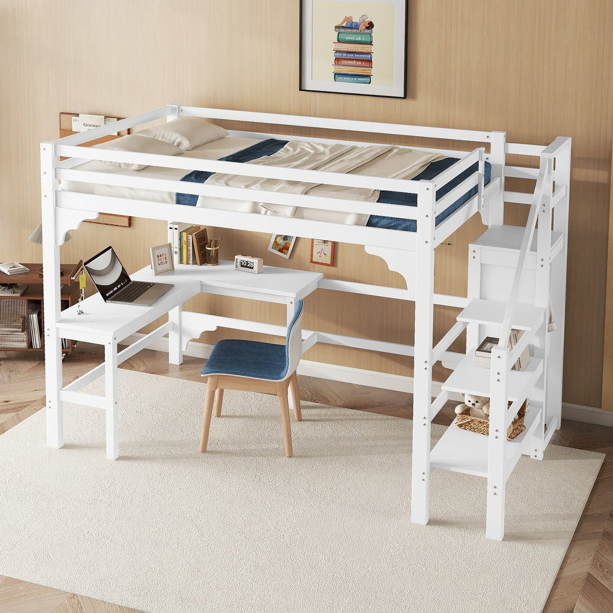 Loft Bed 140x200cm L-Shaped Desk Open Wardrobe Pine Wood White