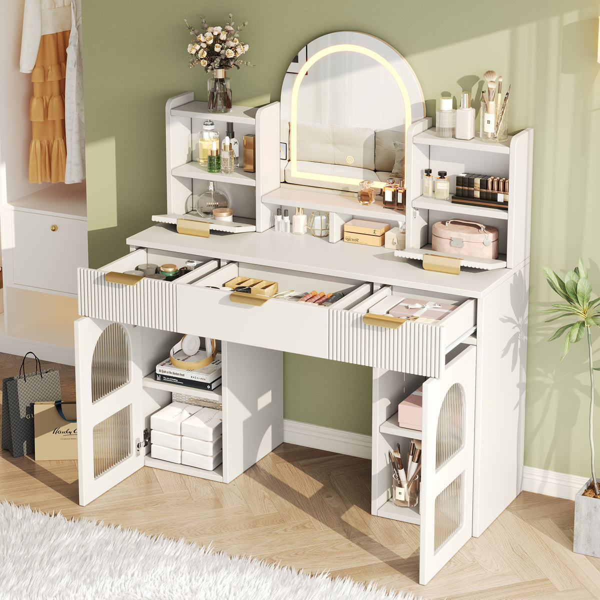 Large Dressing Table with LED Mirror, 3 Drawers & Shelves, White