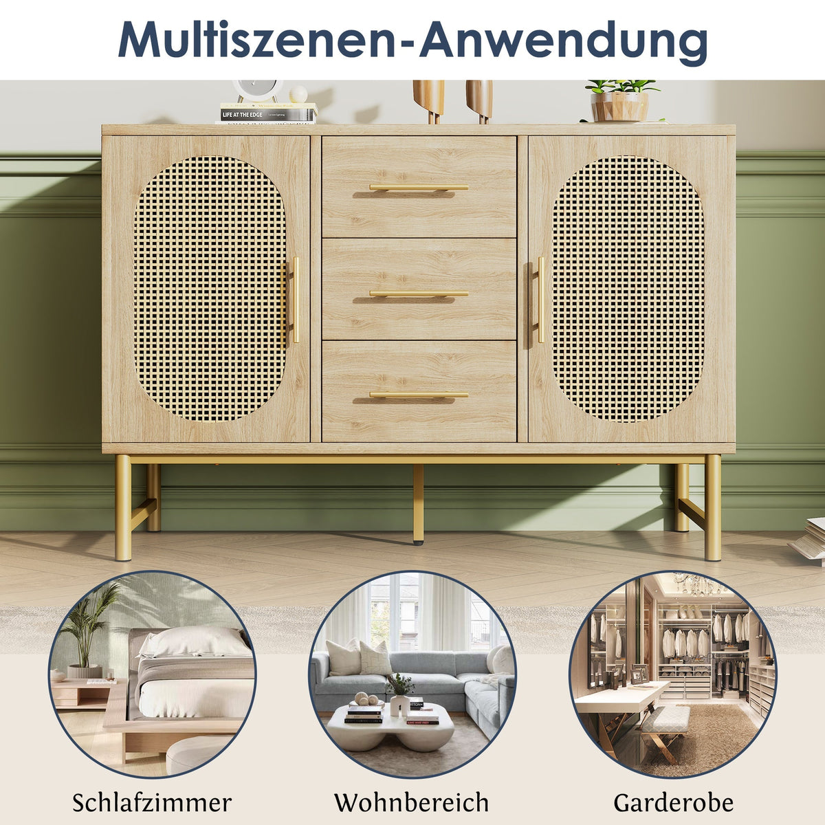 Rattan Sideboard 3 Drawers 2 Doors Adjustable Shelves 120x40x74cm Sonoma Oak