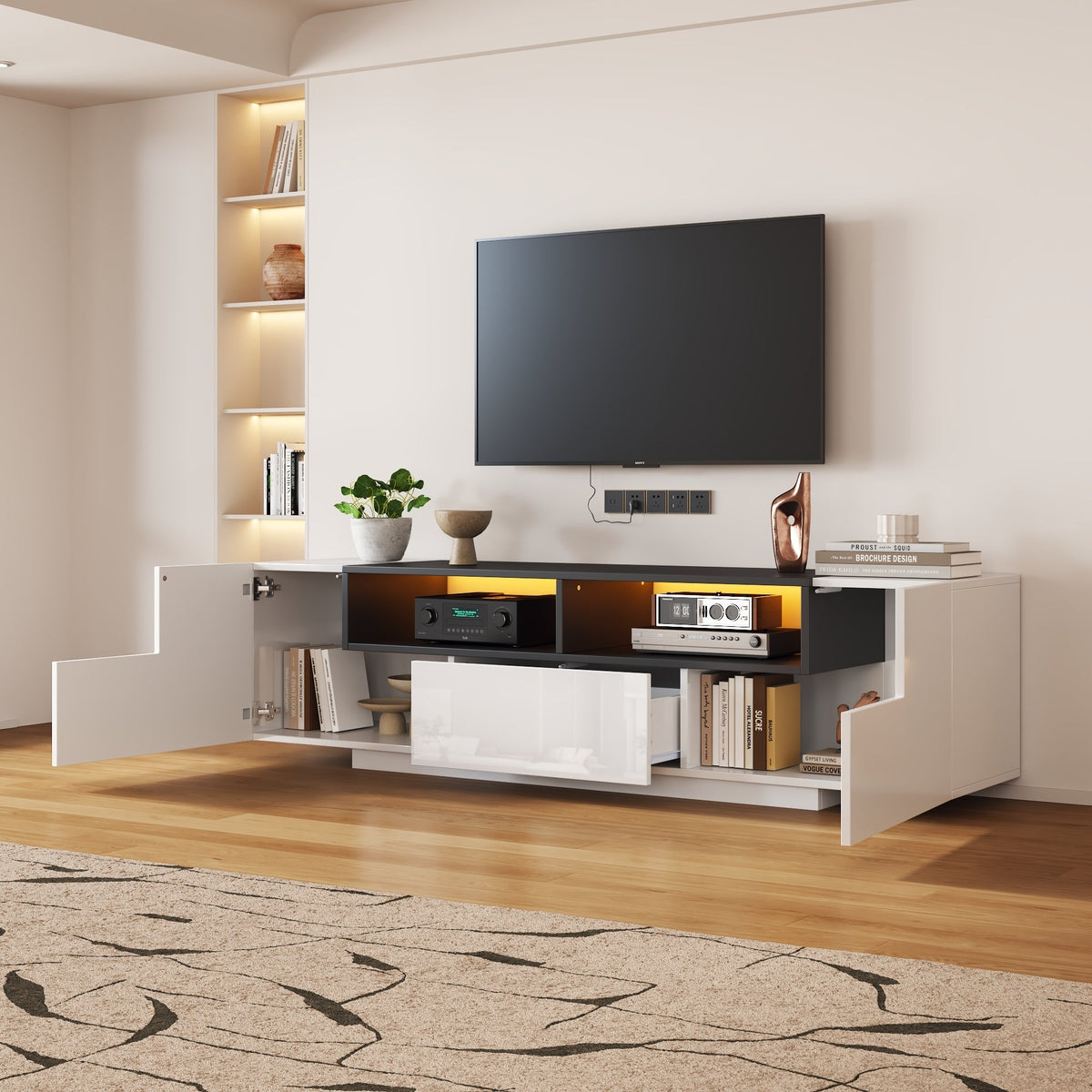 TV Stand Lowboard L-Shaped LED Light Drawers for 75-Inch TV, High Gloss White/Black