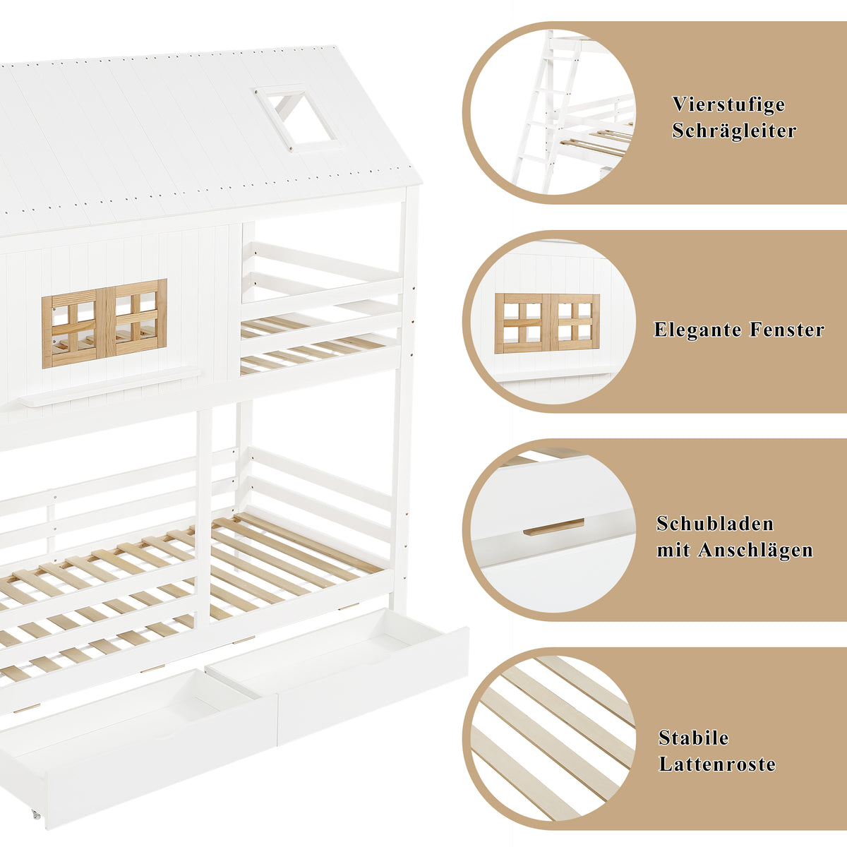 Children's Bunk Bed with Roof, Windows & Drawers, White Pine
