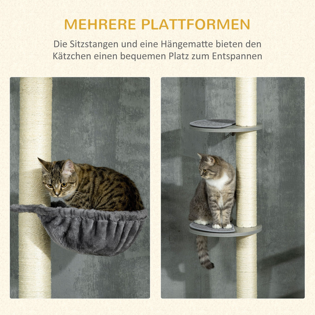 Cat Tree, Ceiling Height Adjustable with Scratching Posts, Grey Cream White