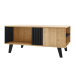 Coffee table with side table and drawer, versatile storage, wood and black design