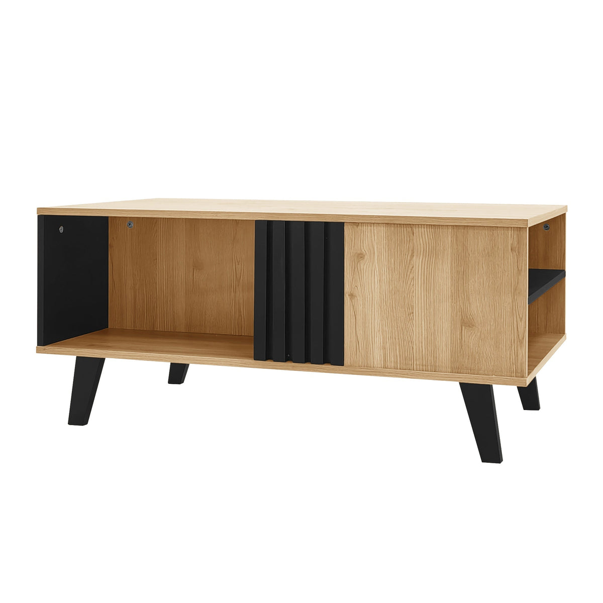 Coffee table with side table and drawer, versatile storage, wood and black design