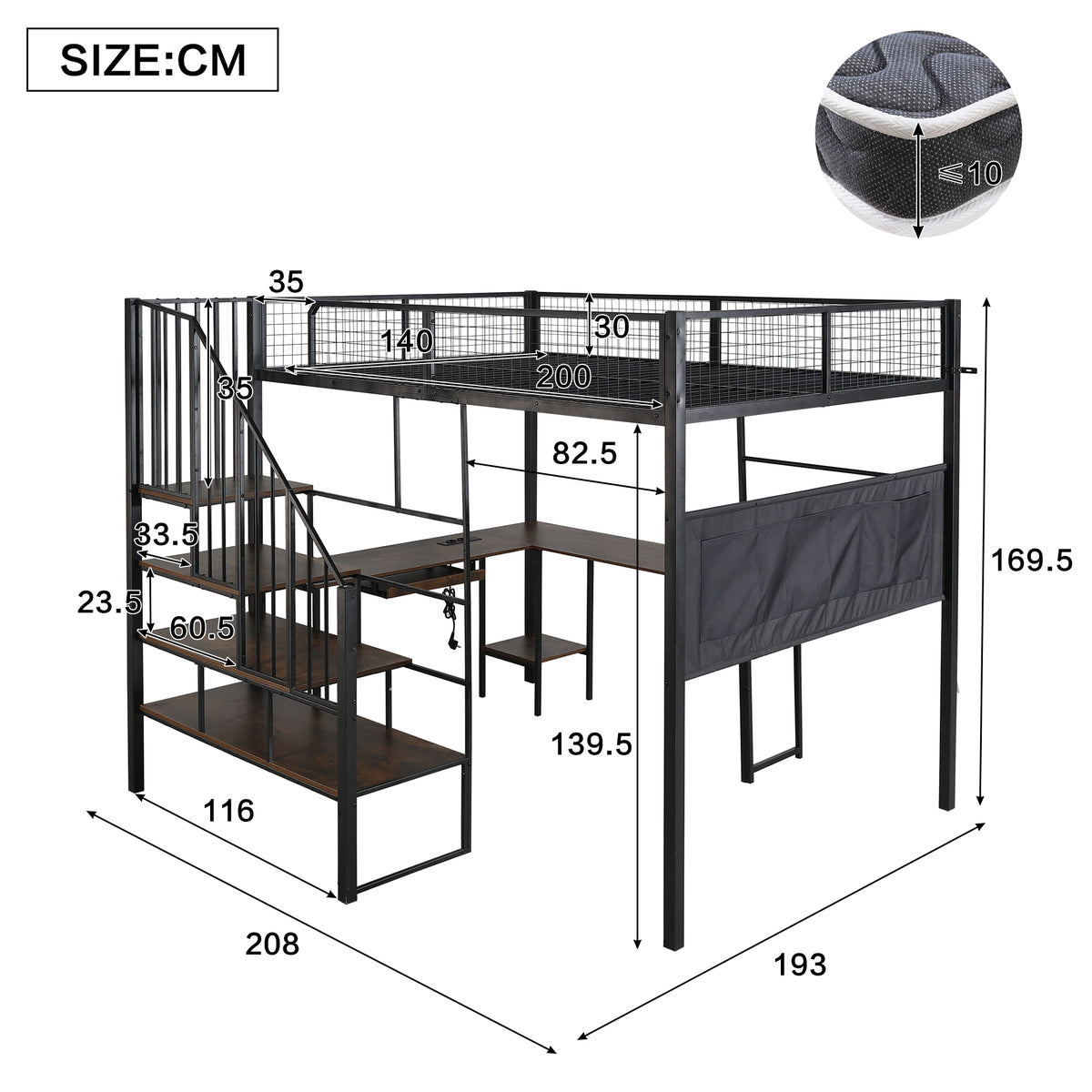 Loft Bed 140x200 cm with Corner Desk & Stairs, Black Metal