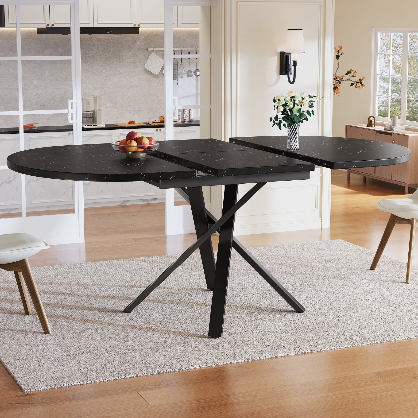 Round Extendable Dining Table, X-Metal Frame, Marble Look Black
