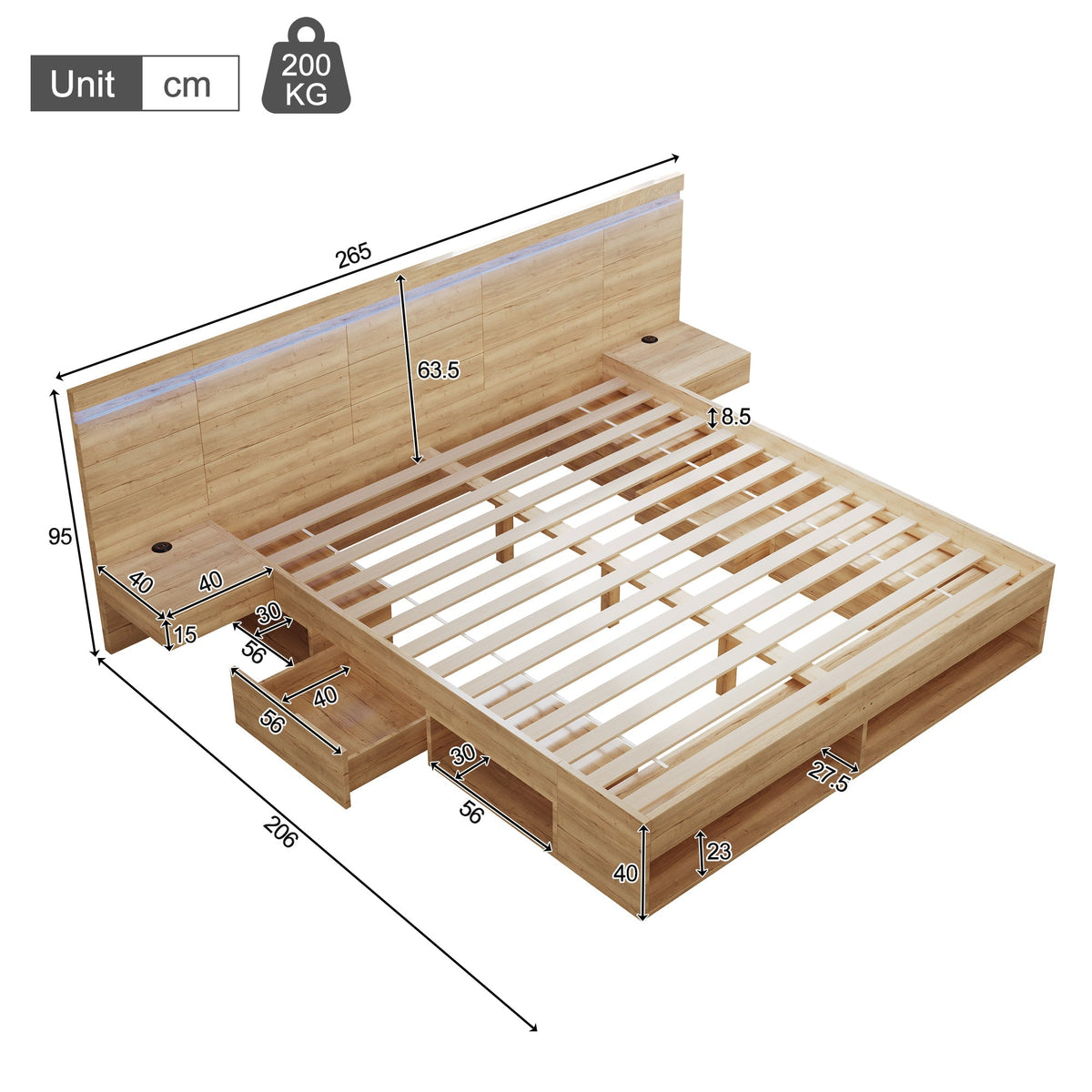 Double Bed 180x200cm Storage with LED, USB/Type-C, 2 Drawers & Bedside Tables Natural Wood