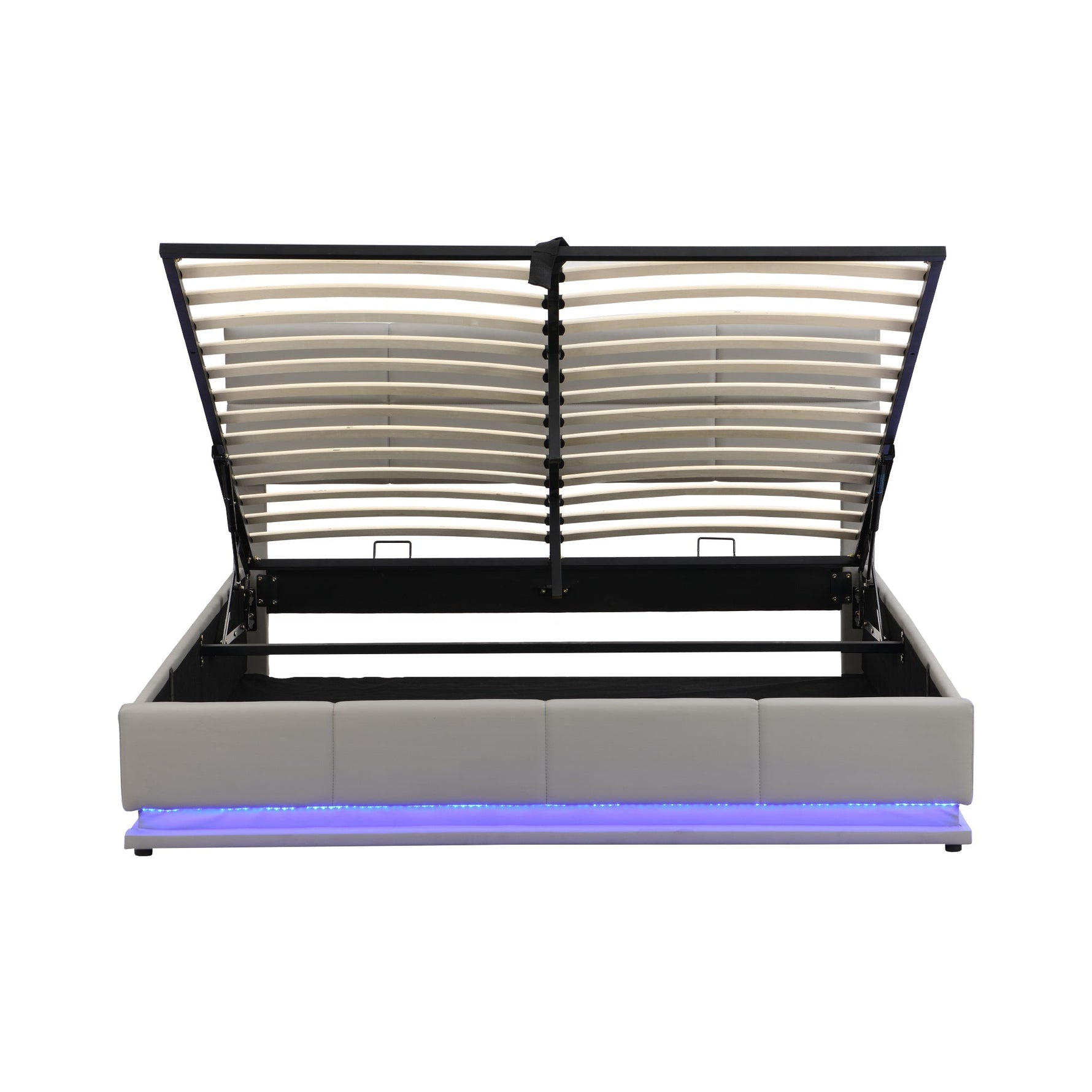 Upholstered Bed, 180x200cm LED & Hydraulic Storage, Faux Leather Light Grey