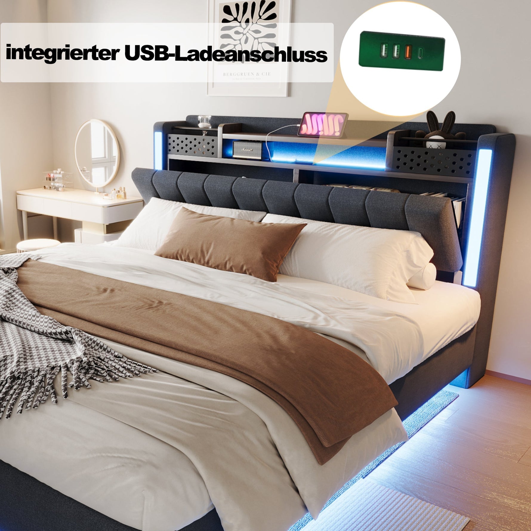 Upholstered Bed, 160*200 LED, USB, Storage Headboard, Grey Linen
