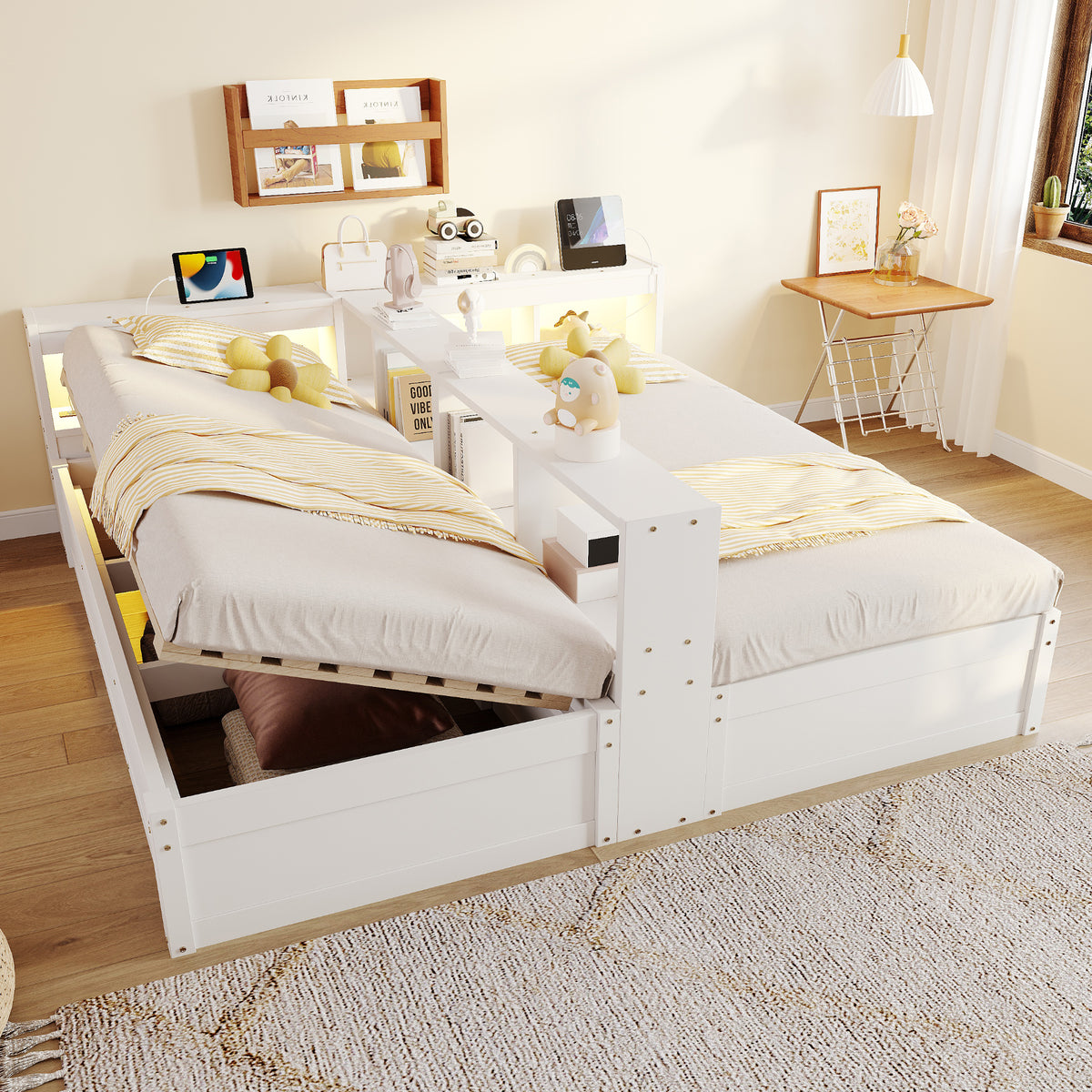 Multifunctional Sofa Bed 90/180x200cm with Storage & LED, White