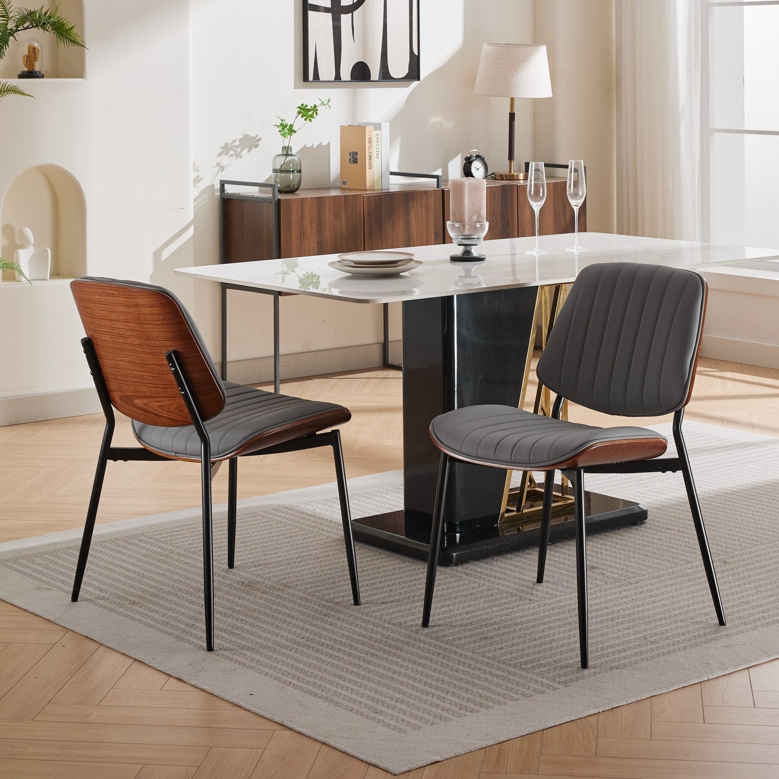 Dining Chairs Set of 2 Mid Century Modern Walnut Bentwood Back - Gray PU Leather