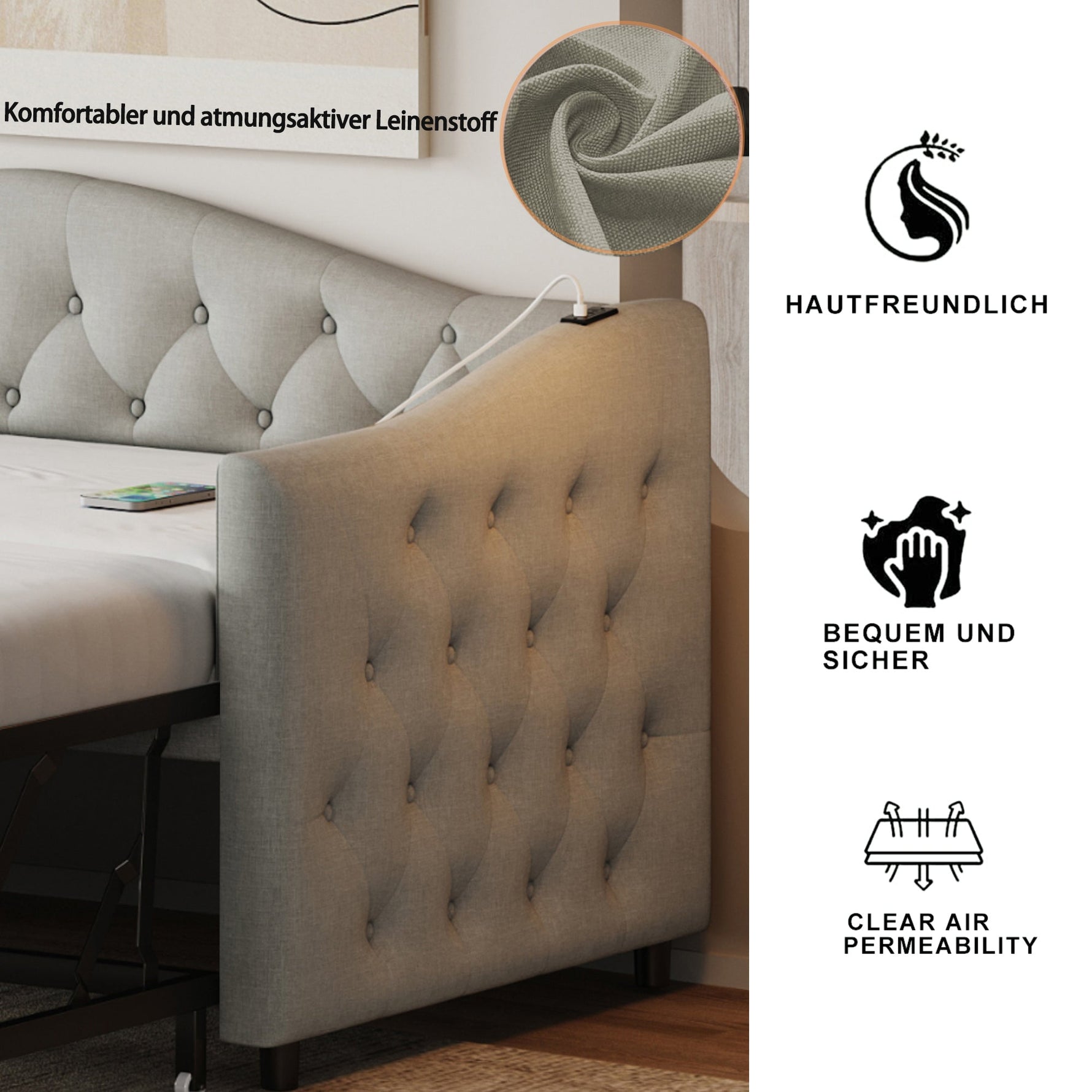 Upholstered Bed Pull-out Sofa Bed, 90 x 200 cm, USB Port, Linen Fabric, Grey