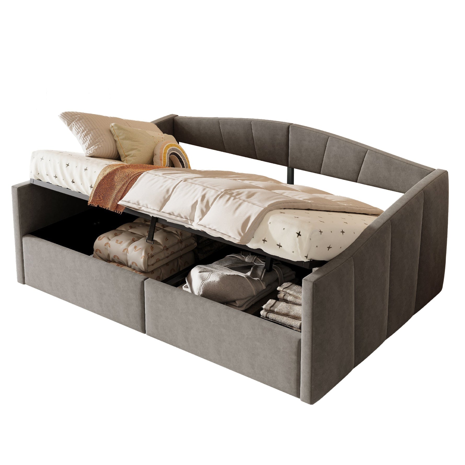 Upholstered Sofa Bed, 140x200cm, Hydraulic Support, Slatted Frame, Armrests, Velvet Fabric, Grey
