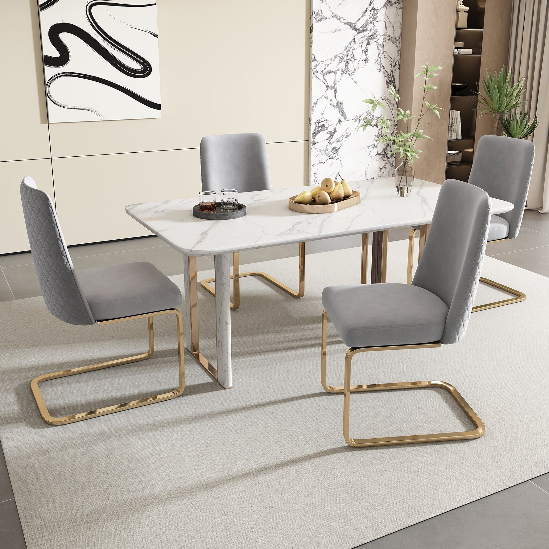 Velvet Dining Chair Set of 4, Diamond Back Design with Gold Metal Legs, Grey