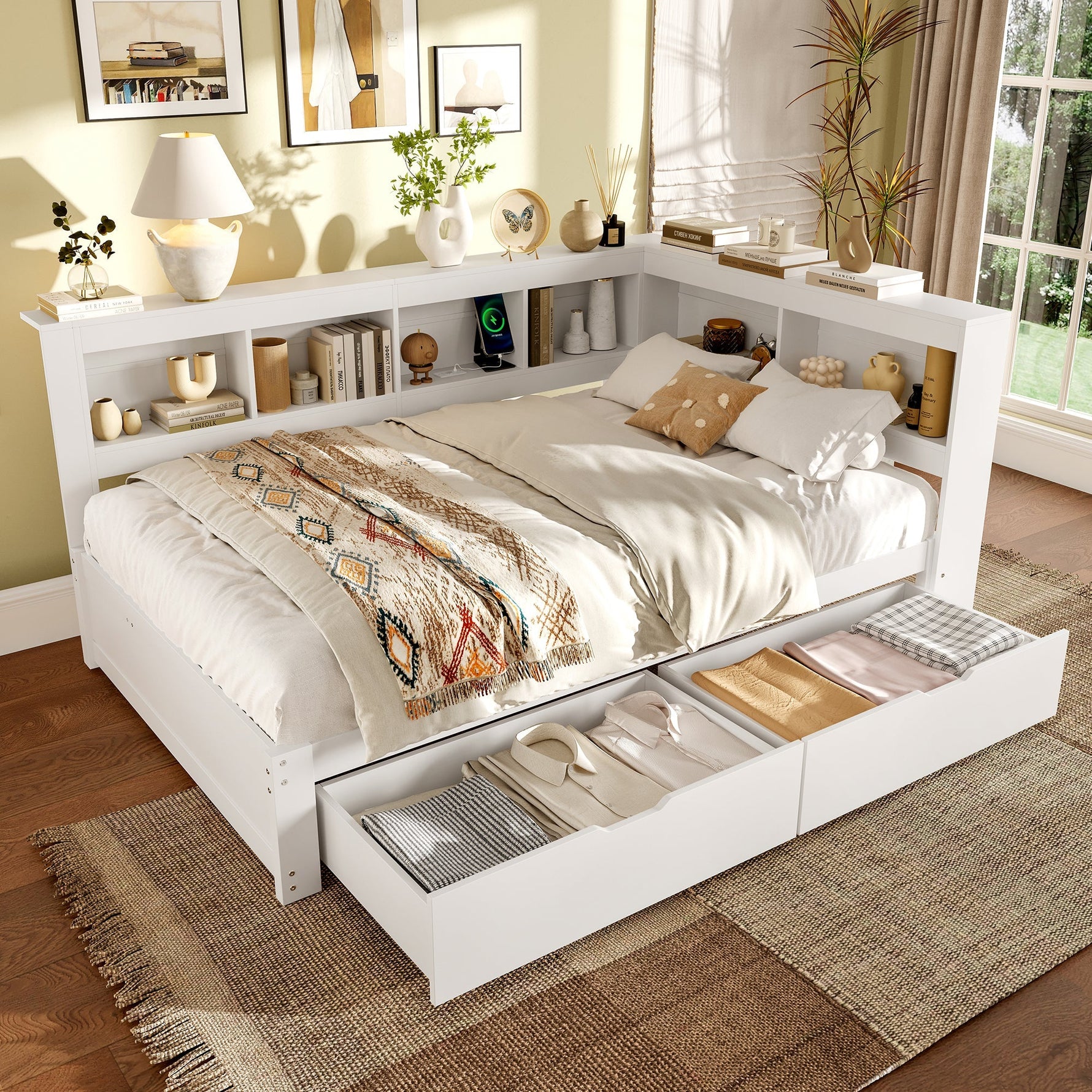 Daybed with 2 Drawers and USB Charging Ports, 140 x 200 cm, White Chipboard