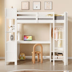 Loft Bed 90x200 cm with Desk, Wardrobe & Storage Shelves, White