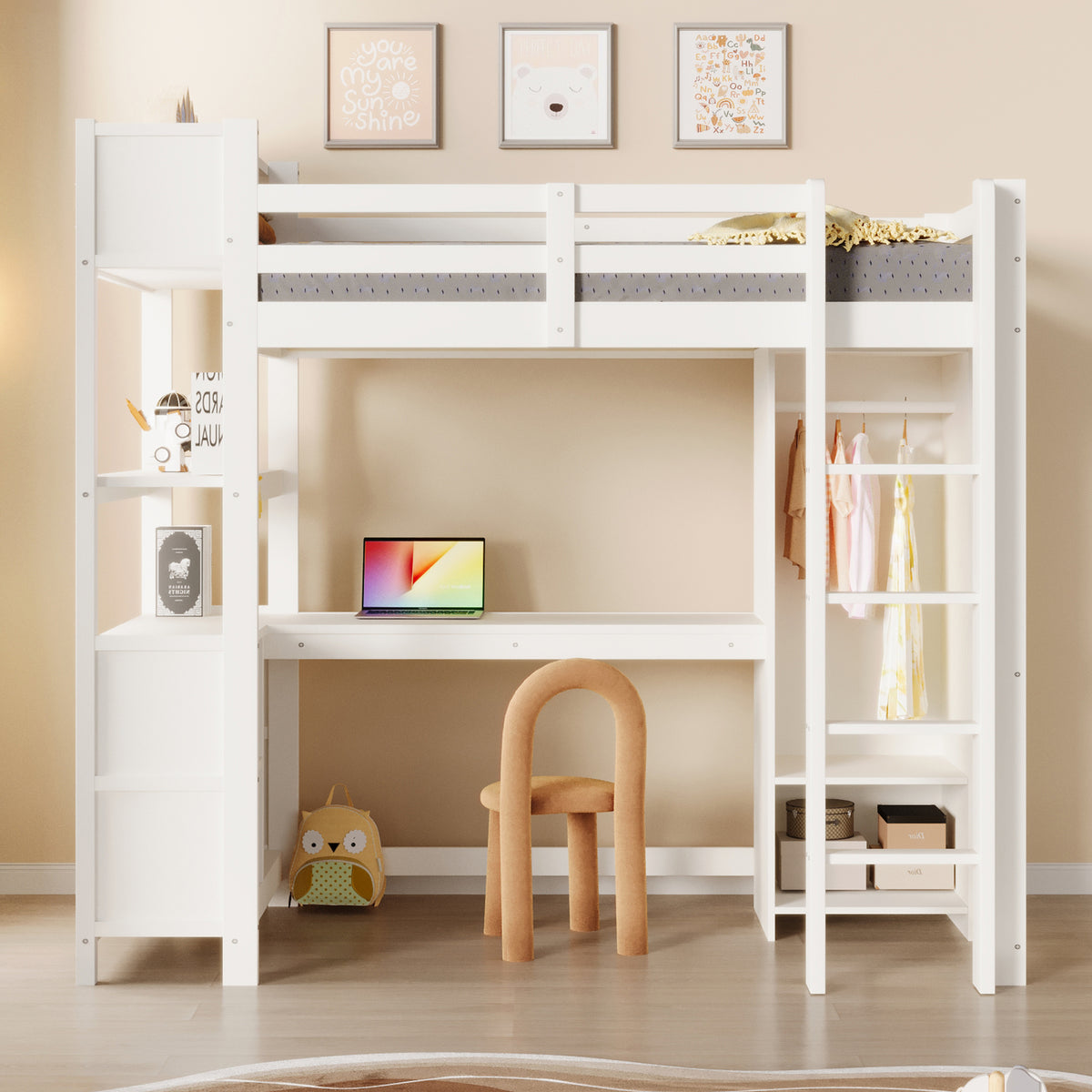 Loft Bed 90x200 cm with Desk, Wardrobe & Storage Shelves, White