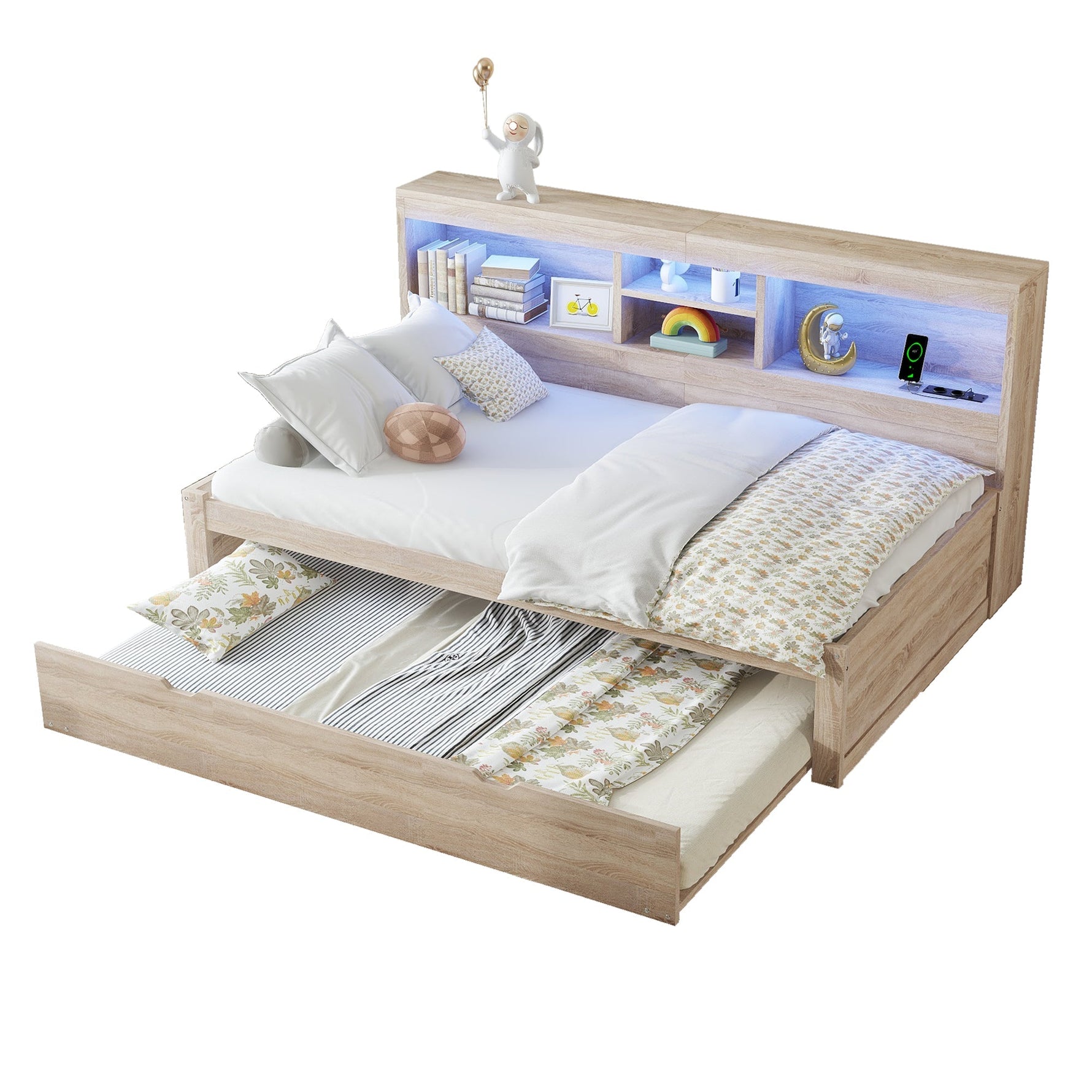 Daybed with Pull-Out Bed, LED Lights and USB Port, Natural Finish
