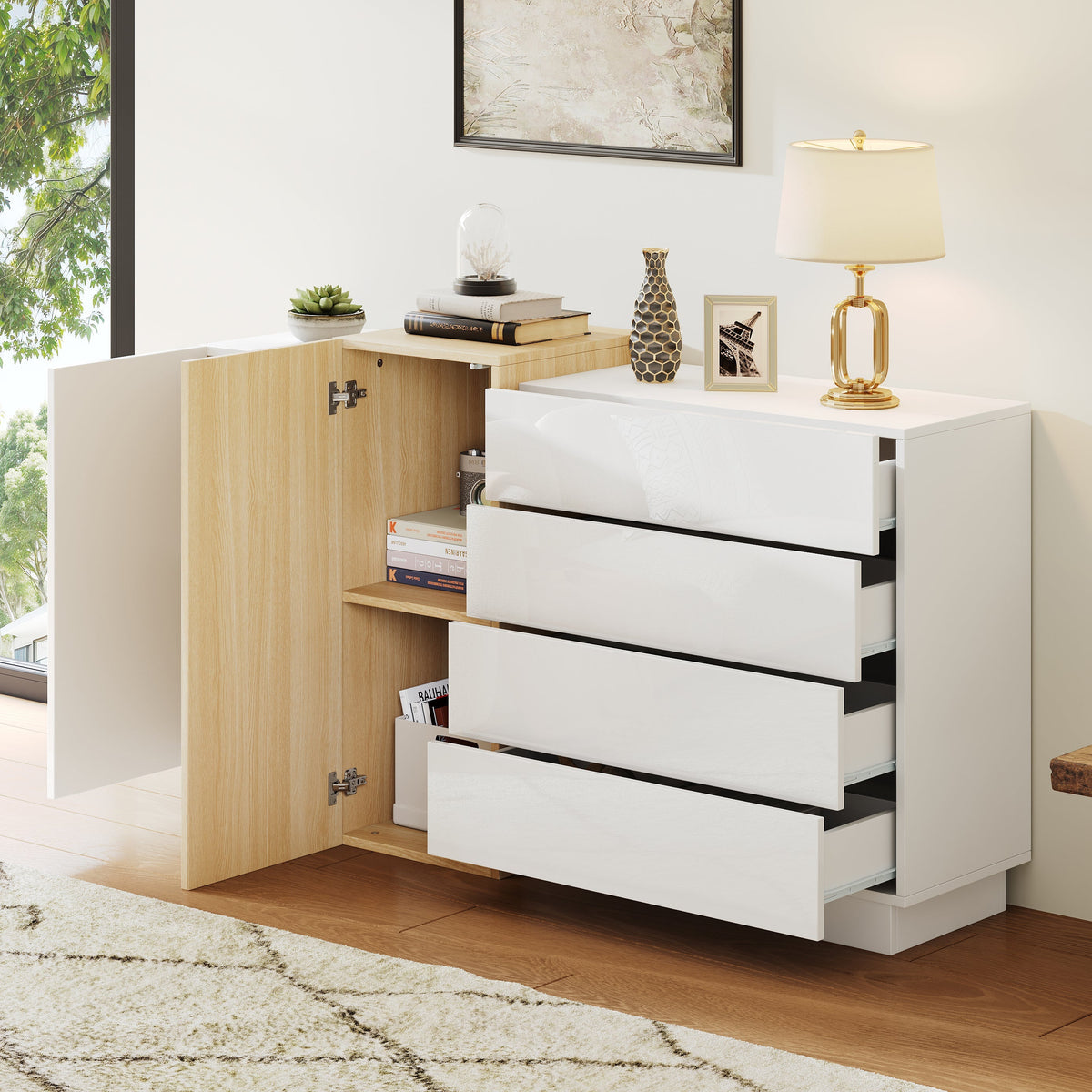 Sideboard Storage Cabinet, High-Gloss Modern Wood-Colored White
