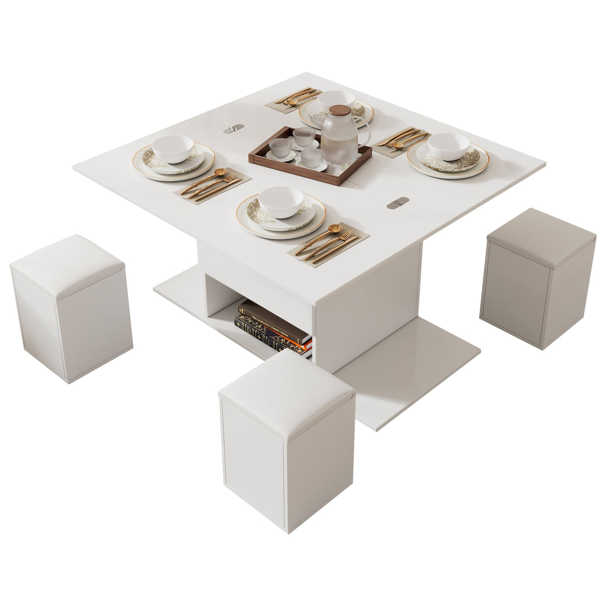Liftable Coffee Table, Multifunctional with 2 Opening Tabletops, White