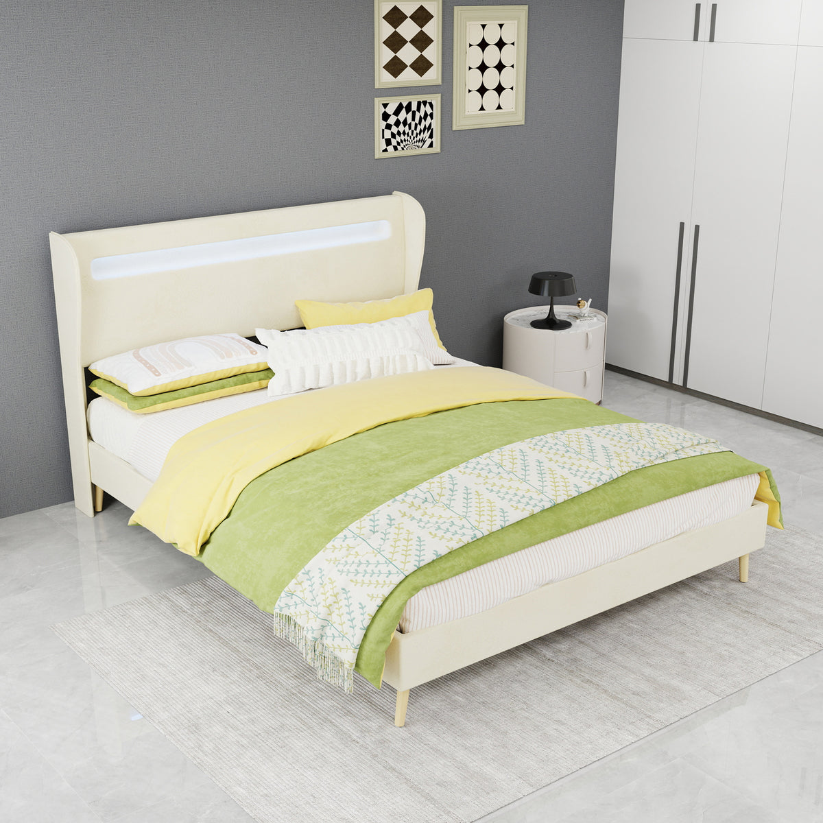 Upholstered Bed with LED Headboard & Mattress 140x200 cm, Beige