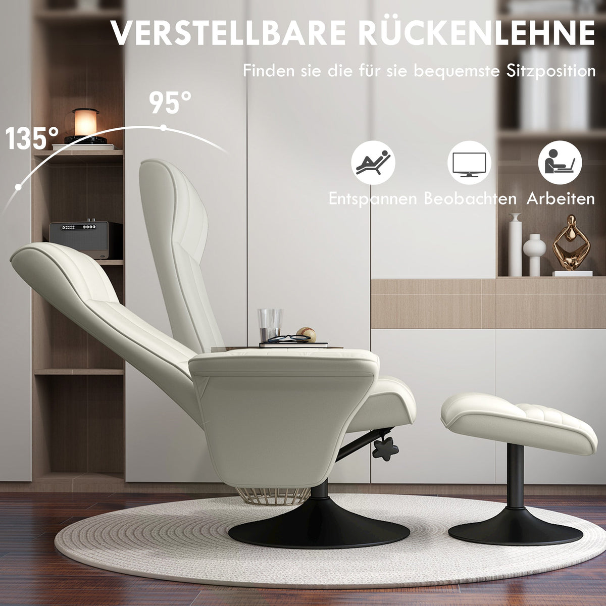 Reclining Armchair with Footstool, Swivel Lounge TV Chair, 150kg Capacity, Microfiber Fabric, Cream White