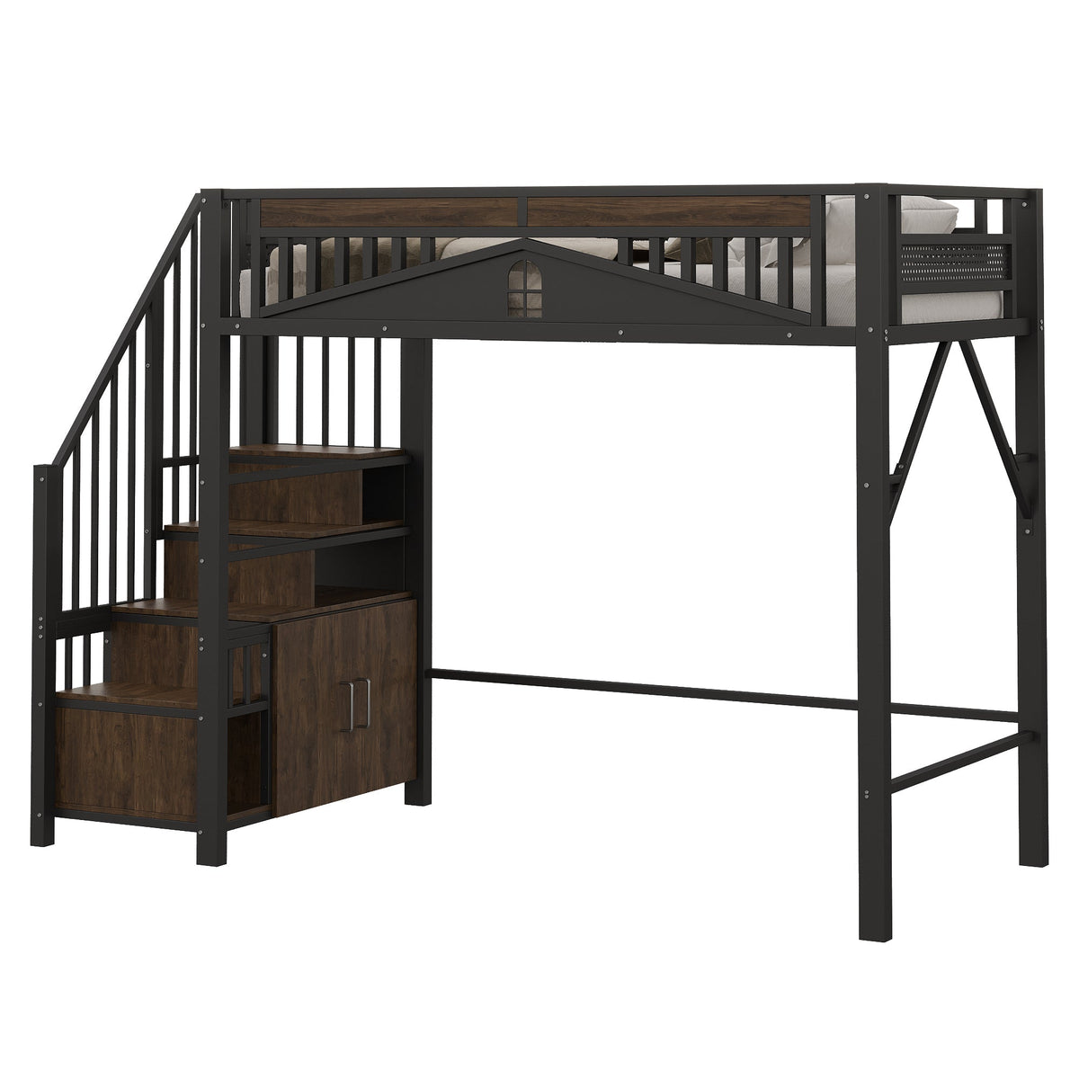 Metal Loft Bed, 90 x 200 cm, Safety Enclosure with Window & Ladder, Black