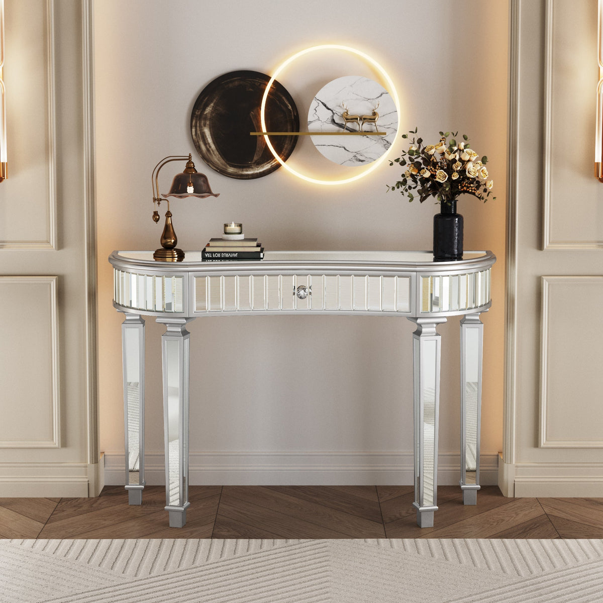 Half-Moon Mirrored Console Table with Fluted Glass and Crystal Knob Drawer, Grey and Silver