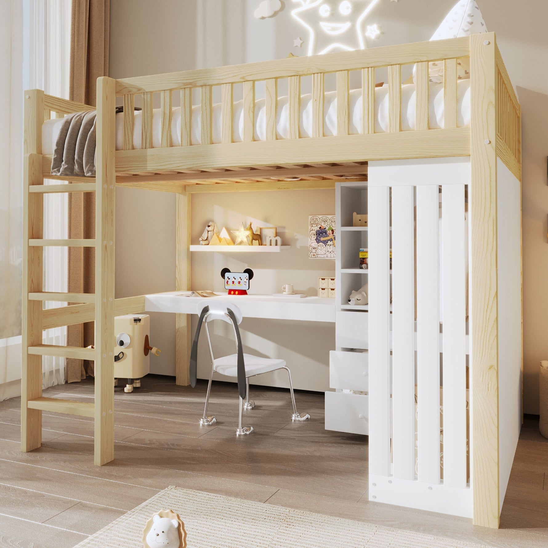 Loft Bed with Desk, Wardrobe and 3 Drawers, Natural
