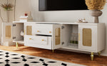 TV Cabinet, Retro Lowboard with Rattan Door & Gold Handles, Metal Legs