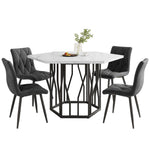 Dining Set 5-Piece, Hexagonal Marble Table with 4 Velvet Chairs, Grey Velvet