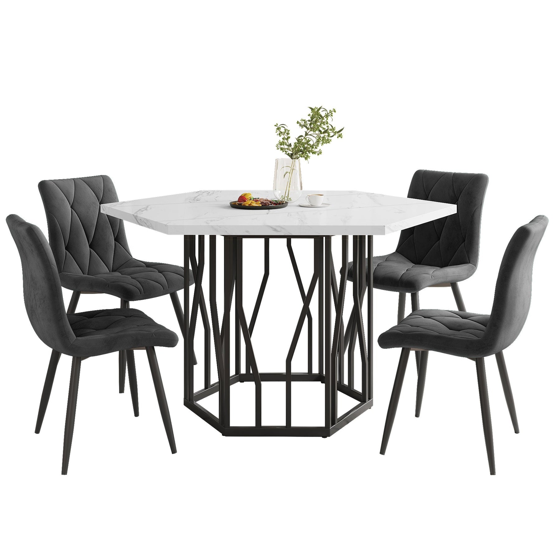 Dining Set 5-Piece, Hexagonal Marble Table with 4 Velvet Chairs, Grey Velvet