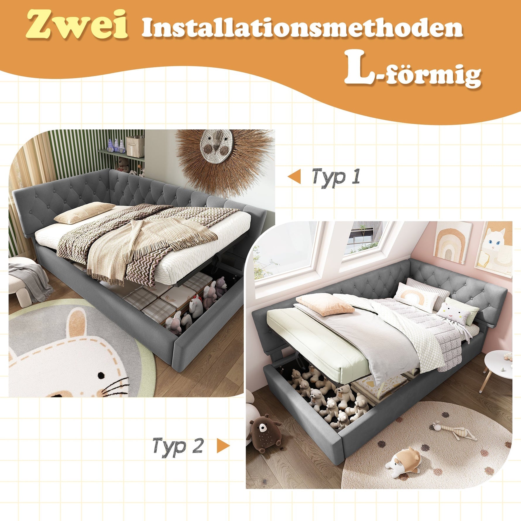 Upholstered Day Bed, 90x200cm Sofa Bed with Hydraulic Storage, Velvet Gray