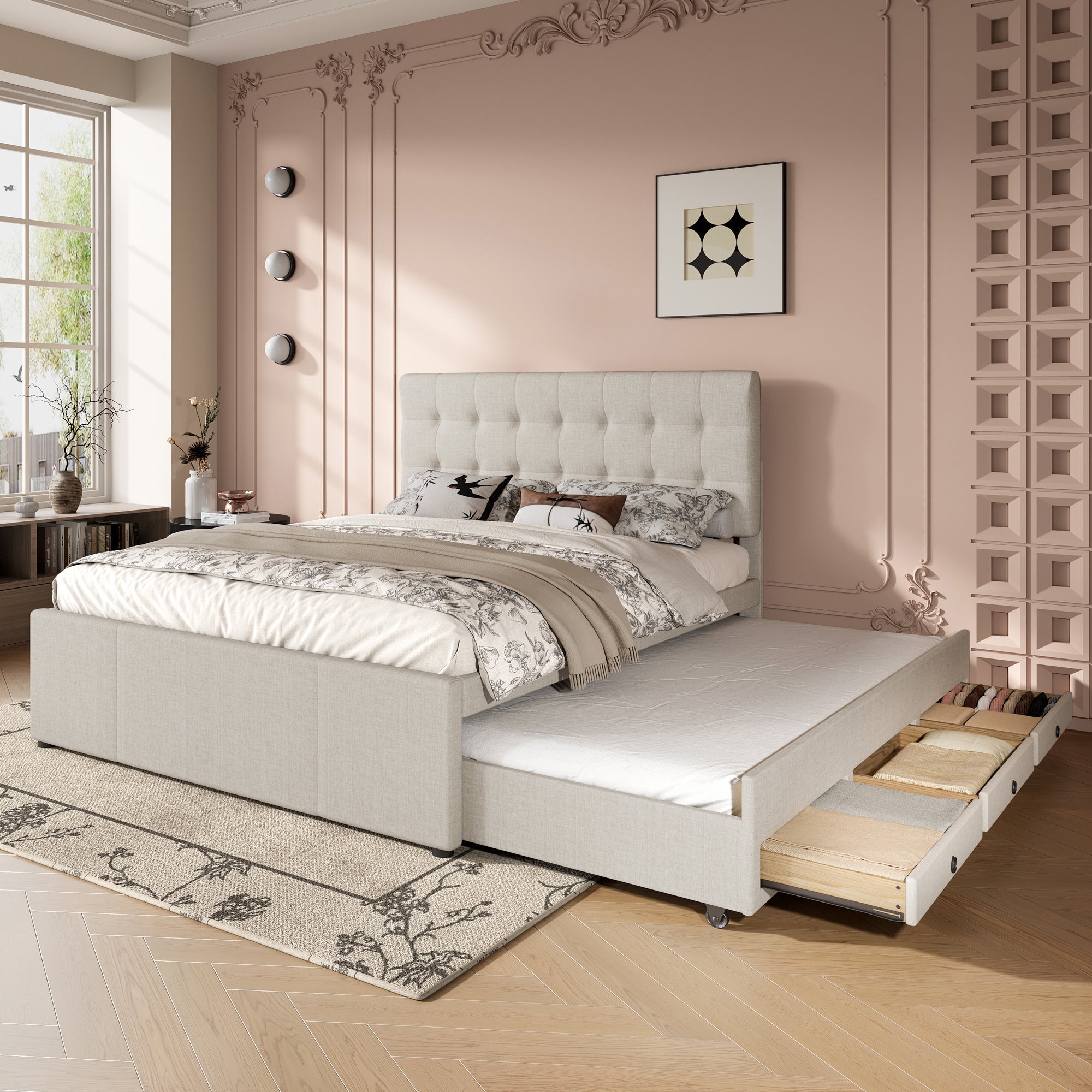Upholstered Bed 140x200cm Extendable 3 Drawers Adjustable Headboard - Beige