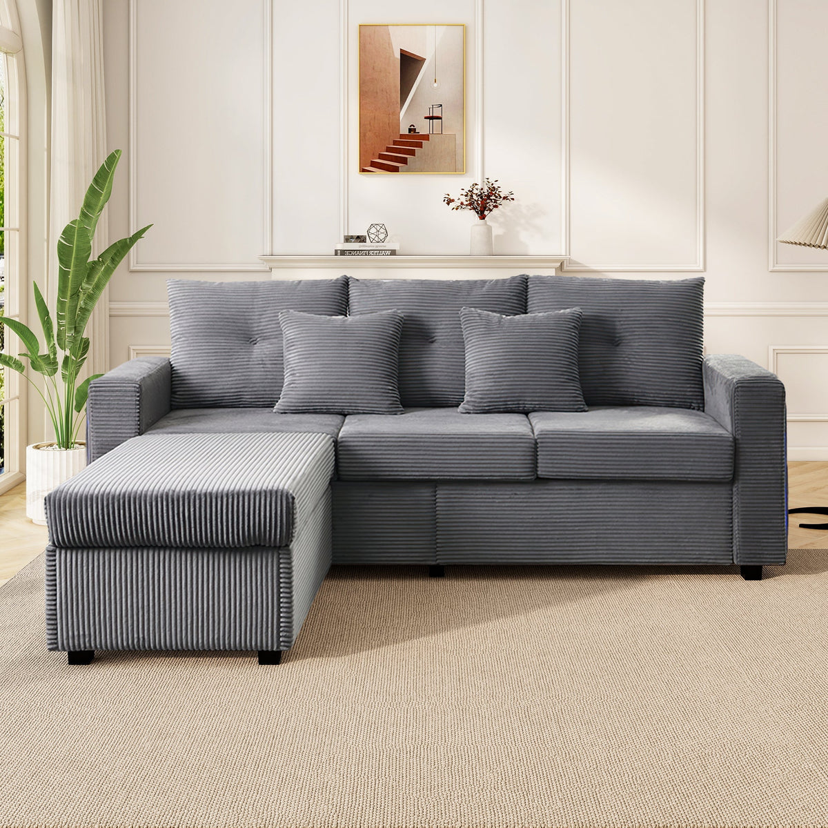 Sofa, 5-Cushion Supreme Set LED 3-Seater with Ottoman, Modular L-Shaped