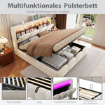 Upholstered Bed 140x200 with Hydraulic Storage & LED, Beige Velvet