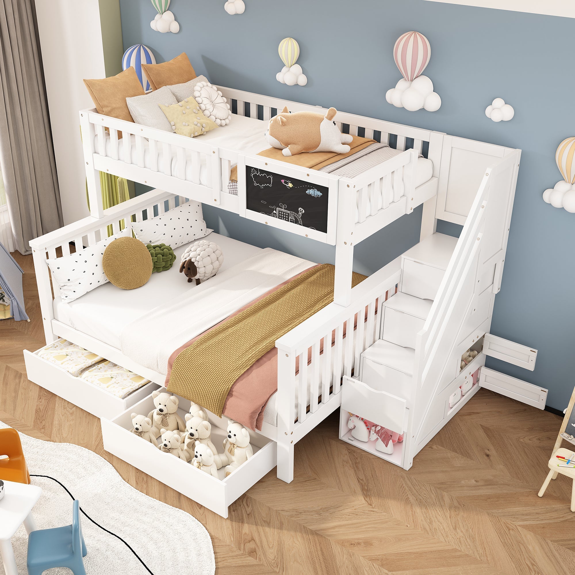 Multifunctional Children's Bunk Bed with Chalkboard and Drawers, 90x200cm and 140x200cm, White