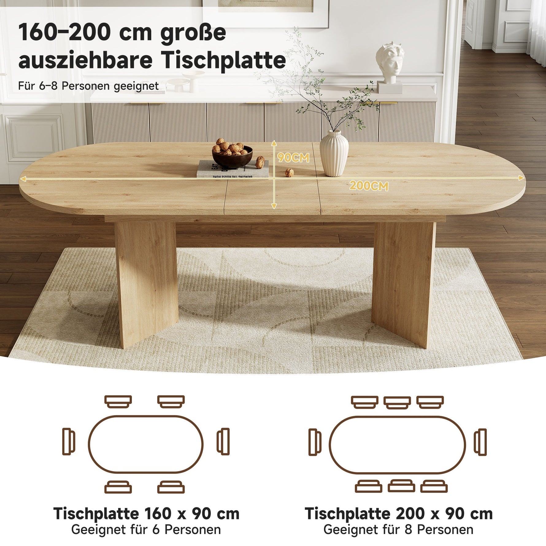 Extendable Dining Table 160/200x90cm 6-8 Seater Rounded Top - Oak Color